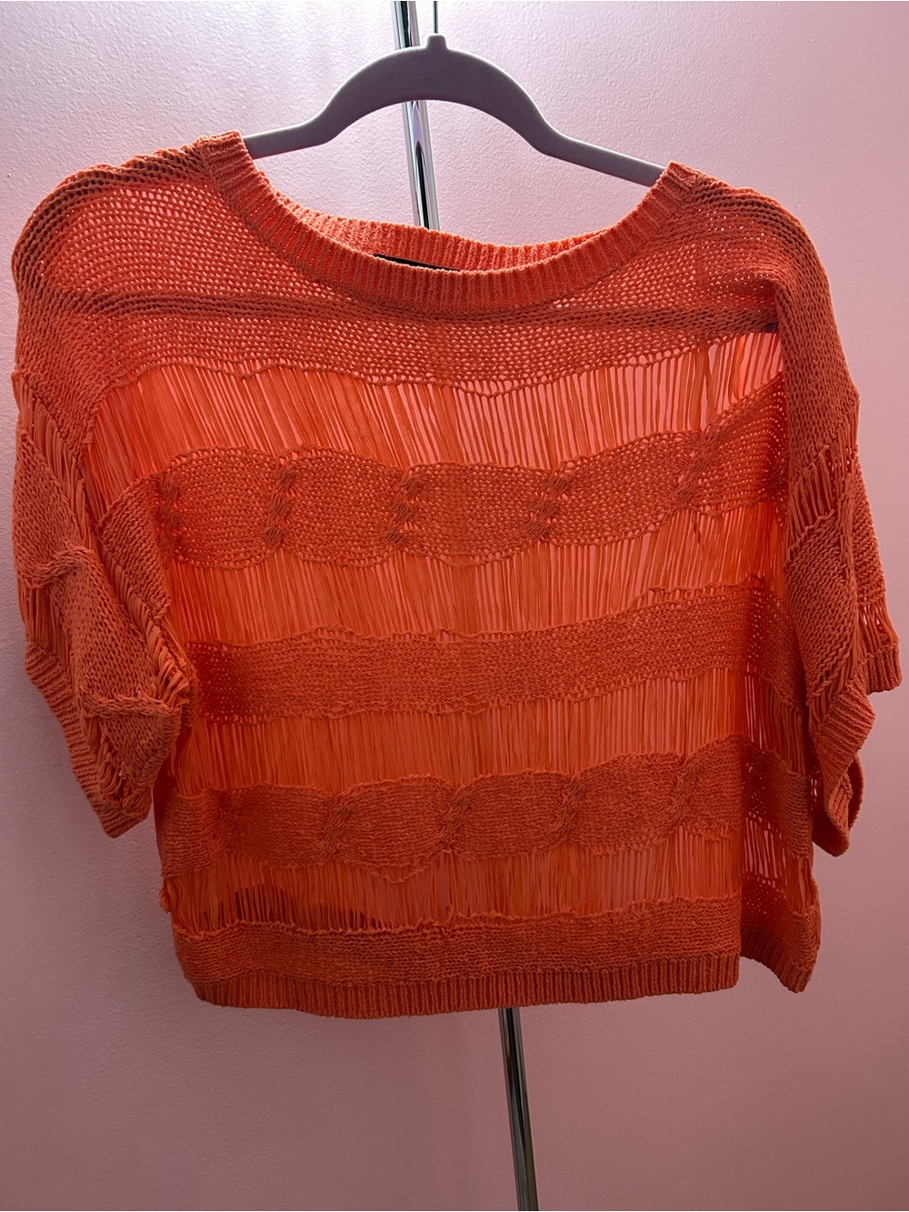 Takeout Coral Open-Knit Short Sleeve Top